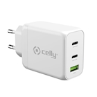 Immagine di Caricabatterie bianco CELLY TC3GAN65W - 2 USB-C and USB Wall Charger Gan 65W