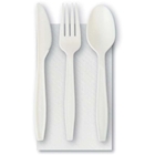 Immagine di Tris Forchetta+Coltello+cucchiaio+tovagliolo 2 veli 33x33 cm in PLA bianco