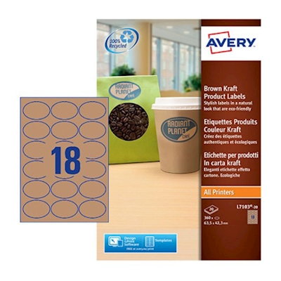 Immagine di Etichette adesive in carta effetto cartone ovali, 63,5x42,3 mm, 18 etichette per foglio, 20 fogli