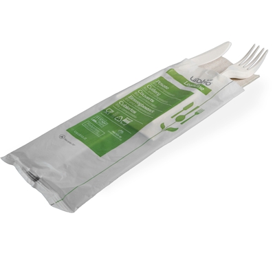 Immagine di Bis posate con tovagliolo 1 velo compostabile in mater-bi USOBIO Lean colore bianco