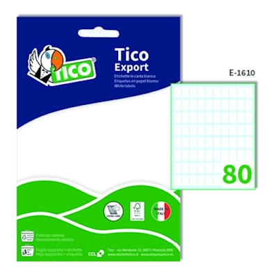 Immagine di Etichette adesive in carta bianca, E-1610, 16X10 mm, 80 etichette per foglio, 10 fogli