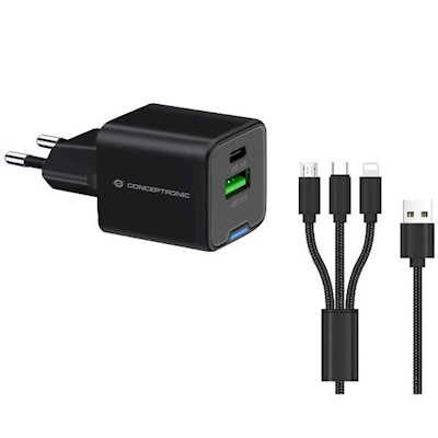 Immagine di Caricabatterie a 2 porte PD (1x USB e 1x USB-C) con cavo CONCEPTRONIC ALTHEA16B 33W colore nero