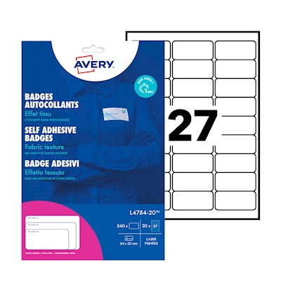 Immagine di Badge adesivi A4 in seta acetata bianco con colla removibile AVERY L4784-20 mm 63,5x29 20 ff