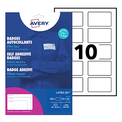 Immagine di Badge adesivi A4 in seta acetata bianco con colla removibile AVERY L4785-20 mm 80x50 20 ff