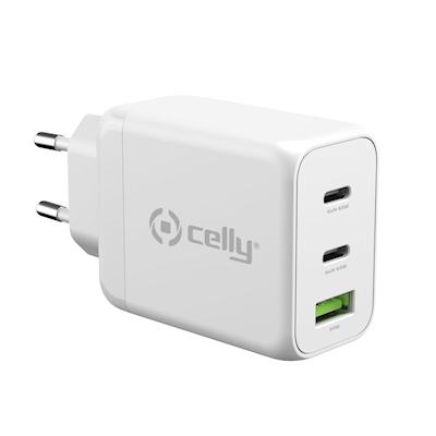 Immagine di Caricabatterie bianco CELLY TC3GAN65W - 2 USB-C and USB Wall Charger Gan 65W