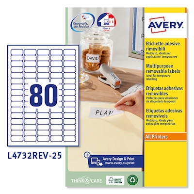 Immagine di Etichette adesive in carta bianca adesivo rimovibile, 35,6x16,9mm, 80 etichette per foglio, 25 fogli