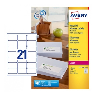 Immagine di Etichette in carta riciclata bianca per buste e pacchi 63,5x38,1mm Avery 100 ff