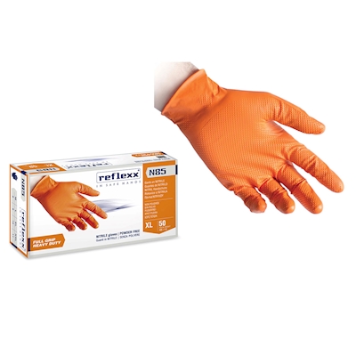 Immagine di Guanti monouso in nitrile senza polvere REFLEXX N85 3d full grip ultra resistente arancione taglia L