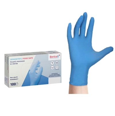 Immagine di Guanti monouso in nitrile senza polvere BERICAH Sensinitryl FOOD SAFE colore azzurro taglia XL