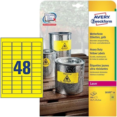 Immagine di Etichette adesive in poliestere giallo extra resistente, 45,7x21,2mm, 48 etichette per foglio, 20 ff