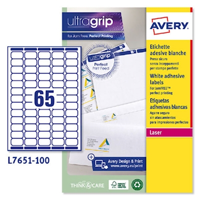 Immagine di Etichette adesive bianche in carta ecologica, 38,1x21,2mm, 65 etichette per foglio, 100 fogli
