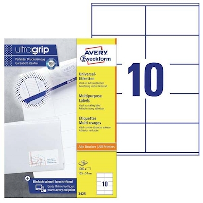 Immagine di Etichette adesive in carta bianca, 3425, 105x57mm, 10 etichette per foglio, 100 fogli