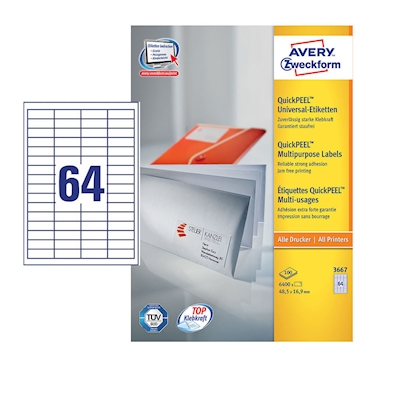 Immagine di Etichette adesive in carta bianca, 3667, 48,5x16,9mm, 64 etichette per foglio, 100 fogli