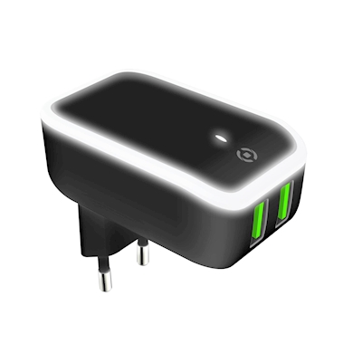 Immagine di Caricabatterie nero CELLY TC2USBLED - 2 USB Wall Charger with Night Light TC2USBLEDBK
