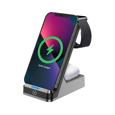 Immagine di Caricabatterie wireless/senza fili nero USB-C CELLY WLSTAND3IN1 - Wireless Fast Charger 15W WLSTAND3
