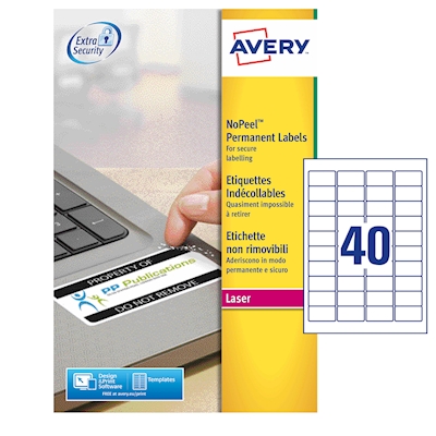 Immagine di Etichette adesive non rimovibili in poliestere bianco, 45,7x25,4mm, 40 etichette per foglio, 20 ff