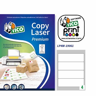 Immagine di Etichette adesive bianche in carta certificata FSC®, 190x61mm, 4 etichette per foglio, 100 fogli